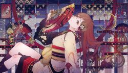  1girl brown_eyes brown_hair closed_mouth colorful_palette floral_print flower hair_flower hair_ornament japanese_clothes kimono long_hair long_sleeves looking_at_viewer meiko_(vocaloid) obi official_art project_sekai sash smile solo wide_sleeves 