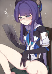  1girl absurdres bar_censor black_gloves blue_eyes blush book bottomless breasts censored character_request commentary_request commission elbow_gloves female_masturbation fingering glasses gloves half-closed_eyes highres holding holding_book honkai:_star_rail honkai_(series) long_hair masturbation open_mouth paingumi pela_(honkai:_star_rail) pornography purple_hair pussy pussy_juice short_sleeves sidelocks sitting skeb_commission small_breasts solo spread_legs trembling very_long_hair 