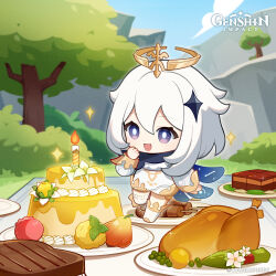  1girl absurdres berry blue_sky blurry blurry_background bright_pupils cake candle chibi chicken-mushroom_skewer_(genshin_impact) chicken_(food) commentary copyright_name day dot_nose english_commentary floating flower food fruit genshin_impact green_pepper hair_between_eyes hair_ornament halo hand_up highres lemon long_sleeves meat mushroom official_art open_mouth outdoors paimon_(genshin_impact) peas plate puffy_long_sleeves puffy_sleeves purple_eyes skewer sky solo sparkle steak sunsettia_(genshin_impact) sweet_madame_(genshin_impact) tianshu_meat_(genshin_impact) tree valberry_(genshin_impact) white_flower white_footwear white_hair white_pupils  rating:General score:1 user:danbooru
