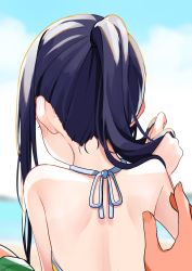 1boy 1girl back back_focus beach bikini blue_hair blurry blurry_background blush cloud cloudy_sky day from_behind halterneck highres motto_notto original outdoors playing_with_own_hair ponytail sky solo_focus swimsuit rating:Sensitive score:42 user:Dweenie