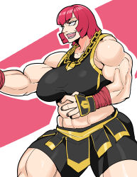  1girl abs absurdres asha biceps bike_shorts black_nails black_shorts black_sports_bra breasts chain chain_necklace commentary fighting_stance fingernails gold_chain highres jewelry large_breasts looking_afar marisa_(street_fighter) medium_bangs muscular muscular_female necklace open_mouth pink_background pink_hair short_hair shorts smile solo sports_bra street_fighter street_fighter_6 thick_arms thick_thighs thighs v-shaped_eyebrows white_background 