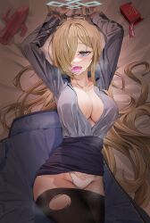  1girl absurdres animal_ears arms_up bed_sheet black_pantyhose blonde_hair blue_archive blue_eyes blue_halo blue_shirt blue_skirt bound bound_wrists breasts cleavage clothes_lift clothes_pull condom condom_box condom_in_mouth condom_wrapper cuffs espresso_1004 hair_over_one_eye halo handcuffs highres kanna_(blue_archive) large_breasts long_hair long_sleeves lying mouth_hold on_back panties pantyhose pantyhose_pull shirt skirt skirt_lift solo torn_clothes torn_pantyhose underwear white_panties  rating:Questionable score:11 user:danbooru