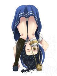 1girl ;d amputee ass bad_id bad_pixiv_id bent_over black_hair borrowed_character chan_mage girl_with_golden_shoe hat kin_no_kutsu_gin_no_kutsu kneehighs kneepits looking_through_own_legs one_eye_closed open_mouth original panties pantyshot prosthesis simple_background skirt smile socks solo standing translation_request underwear upside-down upskirt white_panties wink yellow_eyes