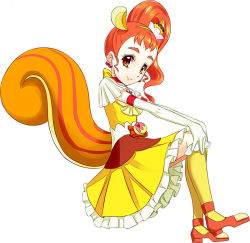  1girl animal_ears arisugawa_himari bow brown_eyes brown_hair choker closed_mouth cure_custard earrings frilled_socks frills from_side full_body gloves hands_on_own_knees invisible_chair jewelry kirakira_precure_a_la_mode kneehighs layered_skirt long_hair miniskirt pleated_skirt precure red_choker rick.black shirt side_ponytail simple_background sitting skirt smile socks solo squirrel_ears squirrel_girl squirrel_tail tail white_background white_gloves yellow_bow yellow_shirt yellow_skirt yellow_socks 