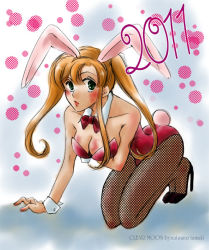  1girl animal_ears blush body_blush bow bowtie breasts cleavage code_geass fake_animal_ears female_focus fishnets full_body gradient_background green_eyes high_heels leotard long_hair natsuno_(pixiv1833537) orange_hair pantyhose playboy_bunny rabbit_ears rabbit_tail red_ribbon ribbon shirley_fenette shoes solo tail twintails 