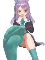  1girl animal_ears aqua_socks black_dress bloomers blush bow closed_mouth commentary_request dokomon dress ear_bow embarrassed feet foot_focus foot_out_of_frame frilled_dress frills full_body highres horse_ears horse_girl horse_tail kneehighs long_hair long_sleeves looking_at_viewer lying mejiro_mcqueen_(umamusume) midriff_peek no_shoes on_back on_bed parted_lips purple_eyes purple_hair skirt skirt_flip socks solo tail thighs umamusume underwear white_bloomers 