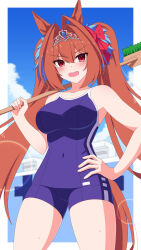  1girl absurdres animal_ears antenna_hair bare_shoulders blue_one-piece_swimsuit blue_sky blush border breasts broom cloud cloudy_sky commentary_request competition_school_swimsuit competition_swimsuit covered_navel cowboy_shot daiwa_scarlet_(umamusume) hair_intakes hand_on_own_hip highres holding holding_broom horse_ears horse_girl horse_tail jyujo_niton large_breasts lens_flare long_hair one-piece_swimsuit open_mouth outdoors outside_border red_eyes red_hair school_swimsuit sky solo swimsuit tail tiara tracen_swimsuit umamusume v-shaped_eyebrows white_border 
