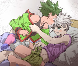 2boys bed blush briefs bulge clothes_pull couple crotch erection erection_under_clothes gon_freecss grin hunter_x_hunter killua_zoldyck leg_around_waist leg_up looking_at_another lying male_focus male_underwear multiple_boys naughty_face on_back on_bed pale_skin pillow reclining removing_jacket shorts shorts_pull shota smile socks straddling sweat tagme tank_top teeth tomiko_(id=851453) underwear undressing white_briefs white_male_underwear yaoi rating:Explicit score:77 user:harucho