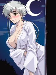  00s 1girl asymmetrical_hair bleach blush breasts center_opening cleavage cloud collarbone downblouse earrings huge_breasts jewelry kagami_hirotaka kotetsu_isane large_breasts leaning_forward looking_at_viewer moon night no_bra parted_lips robe short_hair short_hair_with_long_locks silver_hair sky solo teeth  rating:Questionable score:123 user:danbooru