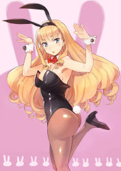  1girl animal_ears areola_slip ass blonde_hair blue_eyes bow bowtie detached_collar dream_c_club dream_c_club_(series) dream_c_club_zero drill_hair fake_animal_ears haruka_(dream_c_club) leotard long_hair oversized_breast_cup panties pantyhose playboy_bunny rabbit_ears rabbit_tail shishigomi solo tail thong thong_leotard underwear wrist_cuffs  rating:Questionable score:36 user:danbooru