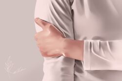  1boy arm_at_side fingernails grabbing_own_arm grey_background head_out_of_frame izumi_keika long_sleeves male_focus original realistic shirt signature simple_background solo white_shirt 