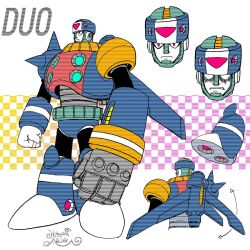 1boy android aqua_belt ariga_hitoshi armor arrow_(symbol) artist_name black_bodysuit blue_footwear bodysuit boots breastplate character_name character_sheet checkered_background clenched_hands clenched_teeth closed_mouth commentary_request concept_art duo_(mega_man) forehead_jewel from_behind frown full_body gauntlets gem gloves glowing glowing_eyes gradient_background helmet highres knee_boots looking_at_viewer looking_up male_focus mechanical_wings mega_man_(classic) mega_man_(series) mega_man_8 mega_man_megamix multiple_views no_humans pink_background portrait red_eyes red_gemstone robot robot_ears scanlines shoe_soles shoulder_spikes signature simple_background single_gauntlet spikes standing tank_(container) teeth three_quarter_view turnaround upper_body white_background white_gloves wings yellow_background 