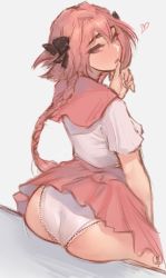  1boy androgynous ass astolfo_(fate) astolfo_(sailor_paladin)_(fate) bad_id bad_twitter_id biting biting_own_thumb black_bow black_ribbon bow braid dress eyebrows fate/apocrypha fate/grand_order fate_(series) grey_background hair_intakes hair_ribbon hand_up heart highres long_braid looking_at_viewer male_focus nat_the_lich official_alternate_costume open_mouth panties pantyshot pink_hair pink_skirt purple_eyes ribbon sailor_dress school_uniform signature simple_background single_braid sitting sitting_on_object sketch skirt standing biting_own_thumb trap underwear upskirt  rating:Sensitive score:334 user:danbooru