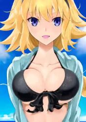  1girl animated bent_over bikini black_bikini black_hairband blue_eyes blue_jacket blue_sky bouncing_breasts braid breasts circle_name cleavage cloud cloudy_sky collarbone day fate/grand_order fate_(series) hairband hood hood_down hooded_jacket jacket jeanne_d&#039;arc_(fate) jeanne_d&#039;arc_(swimsuit_archer)_(fate) jeanne_d&#039;arc_(swimsuit_archer)_(first_ascension)_(fate) large_breasts long_braid looking_at_viewer ocean open_clothes open_jacket ponytail shirotsumekusa single_braid sky smile swaying swimsuit tagme video 