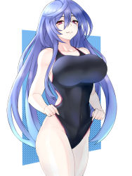  1girl bare_shoulders blue_background blue_hair breasts grin highres iris_heart large_breasts long_hair looking_at_viewer neptune_(series) pink_eyes power_symbol-shaped_pupils pururut smile solo standing swimsuit symbol-shaped_pupils teeth thighs very_long_hair zatsu  rating:General score:29 user:NepuContext