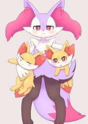  alternate_color blush braixen carrying claws closed_eyes closed_mouth creatures_(company) fang fennekin game_freak gen_6_pokemon highres legs moduckten nintendo pokemon pokemon_(creature) red_eyes shiny_pokemon standing 