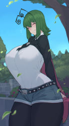  1girl absurdres aged_up alternate antennae belt black_cape black_pantyhose black_shirt blush breasts buckle cape closed_eyes collared_shirt commentary_request curvy eyebrows eyelashes green_hair highres huge_breasts layered_shirt pantyhose_under_shorts long_sleeves open_mouth pantyhose red_cape shirt short_hair short_shorts shorts sitting solo spacezin teeth thick_thighs thighs touhou two-sided_cape two-sided_fabric white_shirt wing_collar wriggle_nightbug  rating:Questionable score:46 user:Dorkzerk