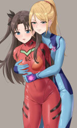  absurdres amayo_thranana black_hair blonde_hair blue_bodysuit blue_eyes bodysuit breasts closed_mouth commission cosplay crossover fate/stay_night fate_(series) grabbing grabbing_from_behind green_eyes grey_background high_ponytail highres hug long_hair medium_breasts metroid mole mole_under_mouth neon_genesis_evangelion nintendo open_mouth plugsuit red_bodysuit samus_aran simple_background skeb_commission skin_tight smile souryuu_asuka_langley souryuu_asuka_langley_(cosplay) tohsaka_rin two_side_up very_long_hair yuri zero_suit 