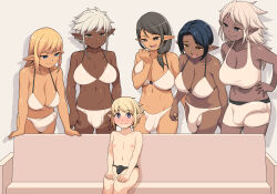  1boy 5girls age_difference arm_support bikini black_hair black_panties blonde_hair blue_eyes blue_hair blush boyshort_panties bra breasts brown_eyes bulge closed_mouth commission couch dark_elf dark_skin elf erection erection_under_clothes fang fang_out futa_with_male futanari green_eyes highres imminent_penetration large_breasts large_penis long_hair looking_at_another meme multiple_girls muraosamu naughty_face navel nipples nose_blush onee-shota open_mouth orange_eyes original panties penis piper_perri_surrounded_(meme) pointy_ears seductive_smile short_hair smile sports_bra surrounded_by_penises swimsuit tan trap underwear white_bikini white_bra white_hair white_panties  rating:Explicit score:486 user:danbooru