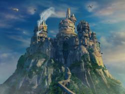  00s aircraft airship castle cliff fantasy final_fantasy final_fantasy_ix flying lindblum outdoors scenery smoke wallpaper  rating:Sensitive score:22 user:danbooru