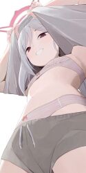  1girl blue_archive bra commentary flat_chest from_below grey_hair grey_shorts highres hiroki_(yyqw7151) mutsuki_(blue_archive) navel panties pink_bra pink_panties red_eyes shorts simple_background solo underwear white_background 