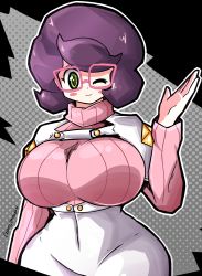 1girl absurdres artist_name blush blush_stickers breasts covered_navel creatures_(company) female_focus game_freak glasses green_eyes grey_background hand_up highres huge_breasts long_sleeves nintendo one_eye_closed outline pink-framed_eyewear pink_sweater pokemon pokemon_sm purple_hair ribbed_sweater short_hair signature simple_background smile solo standing sweater text_focus turtleneck turtleneck_sweater wicke_(pokemon) wide_hips wink rating:Sensitive score:17 user:leejunne