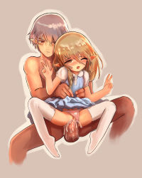  1boy 1girl absurdres age_difference anal bad_id bad_pixiv_id blonde_hair blush breasts brown_eyes clothed_female_nude_male clothed_sex clothing_aside crumbles cum cum_in_ass cum_overflow double_v dress elf flat_chest full_body girl_on_top hetero highres large_insertion legs loli long_pointy_ears medium_hair moaning nude open_mouth panties panties_aside penis pointy_ears pussy sex simple_background spread_legs thighhighs thighs torso_grab uncensored underwear v white_thighhighs  rating:Explicit score:225 user:Loli_sucker