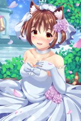  1girl :d absurdres animal_ear_fluff animal_ears azuki_(nekopara) bare_shoulders bell blush breasts bridal_veil bride brown_eyes brown_hair cat_ears cat_girl cat_tail choker cleavage collarbone commentary commission day dress elbow_gloves english_commentary flower gloves hair_flower hair_ornament hand_on_own_chest happy highres jewelry leaf looking_at_viewer medium_breasts nekopara open_mouth ornate_ring outdoors petals plant ring short_hair smile solo strapless strapless_dress striped_tail tail two_side_up veil wedding wedding_dress wedding_ring white_choker white_dress white_gloves xereane 