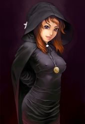  1girl breasts brown_hair cloak derivative_work ebisui covered_erect_nipples fantasy hood jewelry large_breasts medal medallion necklace orange_hair original purple_eyes solo witch witch  rating:Sensitive score:34 user:danbooru