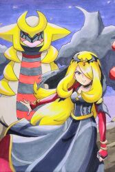  1girl black_dress black_eyes blonde_hair closed_mouth commentary_request creatures_(company) cynthia_(pokemon) cynthia_(sygna_suit)_(renegade)_(pokemon) dress frown game_freak gen_4_pokemon giratina giratina_(altered) hair_over_one_eye highres legendary_pokemon long_hair nintendo open_mouth pokemon pokemon_masters_ex red_eyes red_sleeves speedy_(pkh) tiara traditional_media v-shaped_eyebrows wings 