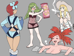  4girls :d ace_trainer_(pokemon) bad_id bad_pixiv_id bare_arms barefoot bathing blonde_hair blouse blue_shirt blush breasts can cigarette closed_eyes closed_mouth collarbone collared_dress commentary creatures_(company) dark-skinned_female dark_skin dress eyelashes flannery_(pokemon) game_freak green_eyes grey_background hand_on_own_hip hat highres holding holding_can holding_cigarette holding_pillow kneepits knees lillie_(pokemon) long_hair multiple_girls navel nintendo nutkingcall one_side_up open_mouth pillow pokemon pokemon_bw pokemon_oras pokemon_sm red_hair see-through shirt shoes short_hair short_shorts shorts shorts_under_dress simple_background skyla_(pokemon) sleeveless sleeveless_dress smile smoking squatting standing teeth tin_can toes tongue underwear underwear_only upper_teeth_only wet white_dress white_legwear yes-no_pillow  rating:Questionable score:69 user:danbooru