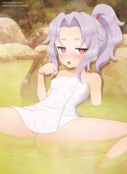  1girl animated anus arm_support blush breasts cleft_of_venus collarbone dot_nose eyebrows eyelashes feet_out_of_frame fellatio_gesture female_focus forehead hand_up heart heart-shaped_pupils highres inukmi kunoichi kunoichi_tsubaki_no_mune_no_uchi live2d loli looking_at_viewer looping_animation medium_hair naked_towel naughty_face open_mouth outdoors ponytail purple_hair pussy pussy_peek reclining red_eyes sazanka_(kunoichi_tsubaki_no_mune_no_uchi) small_breasts solo spread_legs surprised symbol-shaped_pupils tagme teeth tongue tongue_out towel towel_over_breasts upper_teeth_only video water wide_spread_legs  rating:Explicit score:313 user:Only_Kemonomimi