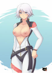  1girl bodysuit breasts breasts_out christie_(doa) dead_or_alive highres large_breasts nipples no_bra solo standing unzipped white_hair  rating:Questionable score:40 user:werts