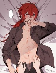 ... 1boy 1girl abs bed bed_sheet blush brown_shirt collarbone collared_shirt covering_own_mouth diluc_(genshin_impact) embarrassed female_pov genshin_impact jean_(genshin_impact) lying male_focus on_back on_bed open_clothes open_shirt pov red_eyes red_hair rome_romedo shirt solo spoken_ellipsis sweat sweatdrop toned toned_male rating:Questionable score:55 user:danbooru