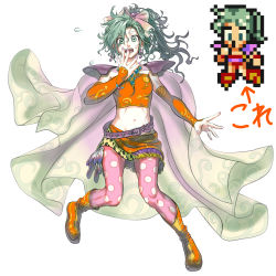  1990s_(style) 1girl boots bow cape comparison detached_sleeves diolemonde earrings feathers final_fantasy final_fantasy_vi green_eyes green_hair highres jewelry long_hair matching_hair/eyes midriff nail_polish navel pantyhose pink_bow pink_nails pink_pantyhose pixel_art polka_dot polka_dot_legwear ponytail retro_artstyle solo surprised tina_branford  rating:Sensitive score:36 user:danbooru