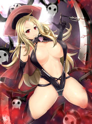  &gt;:) 10s 1girl backlighting black_gloves black_hat black_thighhighs blonde_hair blurry breasts capelet closed_mouth depth_of_field elbow_gloves full_moon gloves gluteal_fold hair_ornament hairclip hat heart highres holding holding_weapon large_breasts long_hair looking_at_viewer midriff mole mole_under_mouth moon navel over-kneehighs parted_bangs red_eyes revealing_clothes scythe senran_kagura senran_kagura_shinovi_versus shiki_(senran_kagura) sidelocks sinkai solo strap_gap thighhighs underboob v-shaped_eyebrows weapon witch_hat  rating:Sensitive score:34 user:danbooru