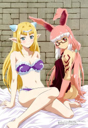 2girls absurdres animal_ear_fluff ass bra breasts cleavage elf fruitalia_eldoriel highres large_breasts looking_at_viewer magazine_scan medium_breasts megami_magazine mithlim monster_girl multiple_girls navel non-web_source official_art peter_grill_to_kenja_no_jikan pink_hair pointy_ears rabbit_tail scan thighs underwear rating:Questionable score:32 user:danbooru