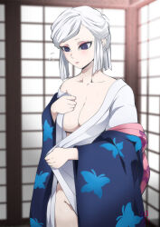  1girl blush breasts closed_mouth collarbone indoors japanese_clothes kaname_aomame kimetsu_no_yaiba long_hair medium_breasts no_bra no_panties open_clothes pale_skin ubuyashiki_amane white_hair wide_sleeves  rating:Questionable score:6 user:creck