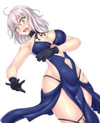 1girl ahoge alternate_costume artoria_pendragon_(alter_swimsuit_rider)_(fate) artoria_pendragon_(alter_swimsuit_rider)_(fate)_(cosplay) artoria_pendragon_(alter_swimsuit_rider)_(third_ascension)_(fate) artoria_pendragon_(fate) black_gloves blue_dress breasts bridal_garter center_opening choker cleavage clothing_cutout commentary_request cosplay dress dutch_angle fate/apocrypha fate/grand_order fate_(series) gloves halter_dress halterneck hiballista highleg highleg_panties highres jeanne_d&#039;arc_(fate) jeanne_d&#039;arc_alter_(avenger)_(fate) jeanne_d&#039;arc_alter_(avenger)_(third_ascension)_(fate) jeanne_d&#039;arc_alter_(fate) lace lace_choker large_breasts navel navel_cutout open_mouth panties short_hair silver_hair skindentation solo tsurime underwear white_background yellow_eyes rating:Sensitive score:24 user:danbooru