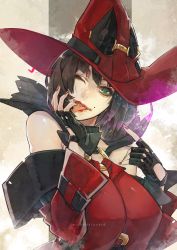  1girl black_hair breasts fingerless_gloves gloves green_eyes guilty_gear guilty_gear_xrd hat high_collar i-no large_breasts solo tagme witch_hat  rating:Sensitive score:10 user:CeliaLover