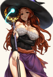  1girl bare_shoulders black_hat breasts brown_eyes brown_hair cleavage collarbone dragon&#039;s_crown fingernails hat holding holding_staff kahadu_(kawazu) large_breasts large_hat long_hair looking_at_viewer parted_lips purple_skirt simple_background skirt solo sorceress_(dragon&#039;s_crown) staff white_background witch witch_hat 