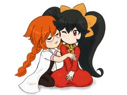  2girls ashley_(warioware) between_legs big_hair black_bodysuit black_hair blush bodysuit braid cheek-to-cheek child closed_eyes closed_mouth coat detesu dot_nose dress female_focus full_body glasses hair_between_eyes hairband hand_between_legs heads_together hug lab_coat long_hair long_sleeves looking_at_another multiple_girls neckerchief nintendo one_eye_closed open_mouth orange_hair orange_hairband own_hands_together parted_lips penny_crygor red_dress red_eyes short_sleeves sidelocks simple_background sitting skull smile twin_braids twintails warioware white_background white_coat witch  rating:Sensitive score:12 user:ImWastingMyLife
