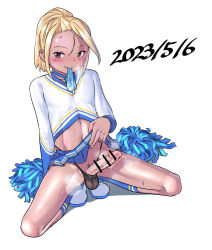  1boy bar_censor black_panties blue_skirt blush breath censored cheerleader clothes_lift condom condom_in_mouth condom_on_penis crossdressing cum dated erection highleg highleg_panties highres looking_at_viewer male_focus male_pubic_hair mouth_hold open_mouth original panties penis penis_out pom_pom_(cheerleading) pubic_hair shota simple_background skirt skirt_lift socks solo sparse_pubic_hair squatting tan trap underwear unmaker white_background 