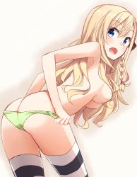 1girl absurdres ass bad_id bad_pixiv_id blonde_hair blush breasts butt_crack commentary_request from_behind green_panties hair_between_eyes hair_censor hair_over_breasts hair_ribbon hair_tie high_school_fleet highres kapatarou leaning_forward legs_apart long_hair looking_at_viewer looking_back medium_breasts open_mouth panties panty_pull pulling_own_clothes ribbon solo standing striped_clothes striped_thighhighs thighhighs topless underwear underwear_only undressing wilhelmina_braunschweig_ingenohl_friedeburg rating:Questionable score:34 user:danbooru