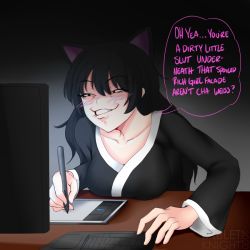  1girl animal_ears barefoot bedroom black_hair black_kimono black_yukata blake_belladonna blush breast_rest breasts cat_ears cat_girl cleavage clenched_teeth collarbone computer dark_background desk english_text evil_grin evil_smile eyelashes eyeshadow faunus_(rwby) feet female_focus female_pervert fingernails grin half-closed_eyes holding holding_pen indoors japanese_clothes kimono leaning_forward lip_biting long_hair looking_at_another makeup medium_breasts neck night no_bra out_of_character pen pervert rooster_teeth roosterteeth rwby side_bangs sitting smile tablet tabletknight talking teeth toes traditional_clothes yellow_eyes yukata  rating:Questionable score:104 user:MAKUTAKARZAHNI