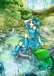 1girl adjustable_wrench arm_on_own_head backpack bag blue_eyes blue_footwear blue_hair blueprint_(object) blurry boots bug cattail depth_of_field dragonfly flat_cap forest hair_bobbles hair_ornament hat highres icl insect kawashiro_nitori knee_boots light_smile looking_at_viewer matching_hair/eyes nature plant rock rubber_boots short_hair short_sleeves sitting sitting_on_rock skirt skirt_set solo stream touhou twintails two_side_up wrench