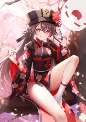  1girl alternate_costume bare_legs black_hat black_kimono black_nails black_sash blush boo_tao_(genshin_impact) breasts brown_hair cherry_blossoms colored_tips commentary_request falling_petals floral_print flower flower-shaped_pupils flower_knot foot_up frilled_sleeves frills genshin_impact ghost gradient_hair grin hair_between_eyes hand_in_own_hair hands_up hat hat_flower hat_tassel highres hu_tao_(genshin_impact) in_tree japanese_clothes jewelry kimono long_hair looking_at_viewer mandarin_collar multicolored_hair multiple_rings nail_polish obi obiage pelvic_curtain petals plum_blossoms porkpie_hat print_kimono red_eyes red_hair red_shirt ring sash shirt sidelocks sitting sitting_in_tree small_breasts smile socks solo symbol-shaped_pupils tassel teeth thighs thumb_ring tree twintails two-sided_fabric two-tone_hair tyenka7728 very_long_hair white_socks wide_sleeves 