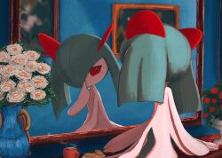  blurry blurry_background colored_skin creatures_(company) different_reflection dress game_freak gen_3_pokemon green_hair green_skin gyura hand_to_own_mouth highres kirlia looking_at_mirror mirror nintendo pokemon pokemon_(creature) red_eyes reflection smug solo white_dress white_skin 