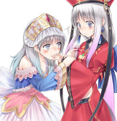  2girls ^^^ atelier_(series) atelier_judie atelier_totori blue_eyes blush bow dress earrings female_focus finger_in_another&#039;s_mouth finger_sucking grey_eyes hand_grab hay headdress holding_another&#039;s_wrist in-franchise_crossover jewelry judith_volltone long_hair multiple_girls silver_hair simple_background strapless strapless_dress suzushiro_yukari sweat tears totooria_helmold very_long_hair white_background yuri 