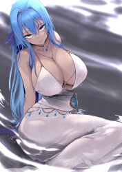 1girl bare_shoulders blue_eyes blue_gemstone blue_hair breasts cleavage dress feather_hair_ornament feathers gem goddess_of_victory:_nikke hair_between_eyes hair_intakes hair_ornament halter_dress halterneck helm_(nikke) highres huge_breasts jewelry large_breasts long_hair looking_at_viewer necklace on_ground parted_lips pool sitting solo very_long_hair vialnite water wet wet_clothes wet_dress wet_hair white_dress rating:Sensitive score:56 user:danbooru